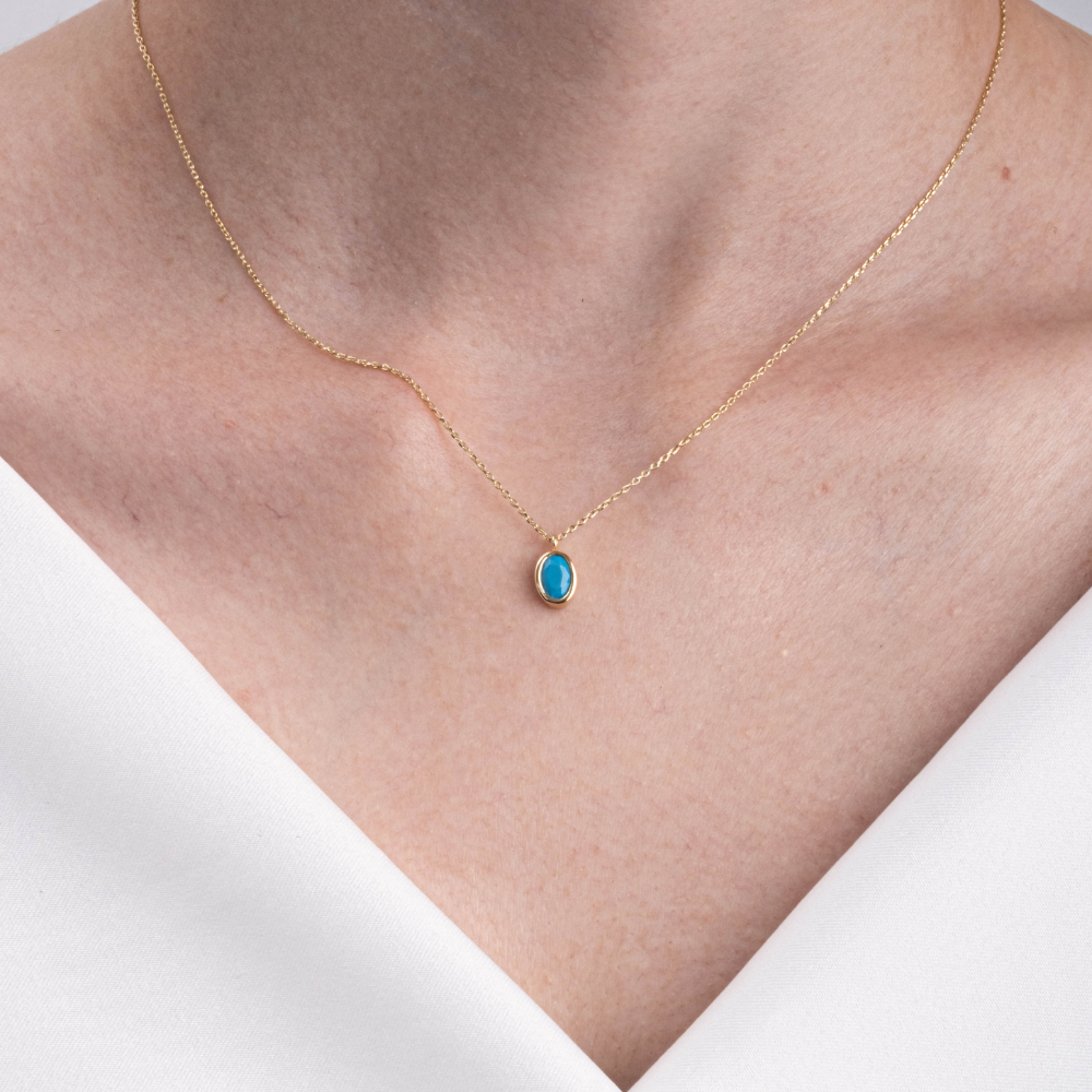 FasekGoldKOLYELER 0,50CT Firuze(Turkuaz)Sade Minimal Tasarım Tarz 14 Ayar Altın Doğal Taşlı Kolye-Zümrüt Altın Kolye