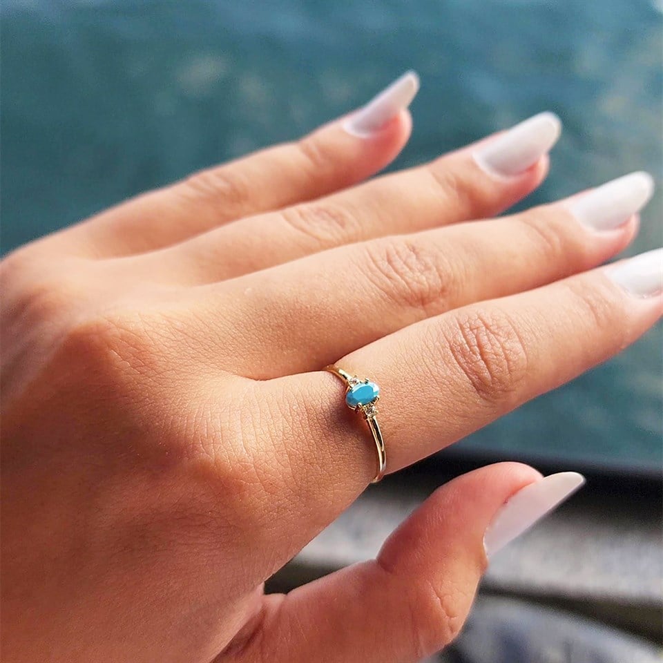 Huma GoldGÜMÜŞ0,40 CT Firuze Taşlı Tektaş Gümüş Yüzük-Tektaş Kadın Gümüş Yüzük-Hediye Gümüş Yüzük-Tasarım Yüzük