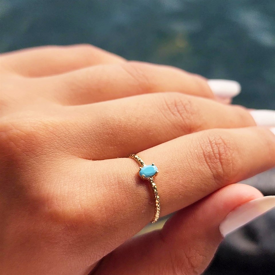 Huma GoldGÜMÜŞ0,50CT Firuze Taşlı Dövülü Eskitme Tektaş Gümüş Yüzük-Firuze Tektaş Hediye Gümüş Eskitme Yüzük 