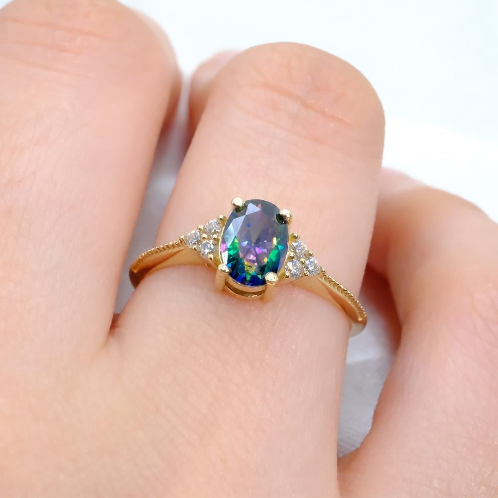 FasekGoldGÜMÜŞ1.20Ct Mistik topaz(Alecsandrt)Selena Evlilik Teklifi 925 Ayar Gümüş Yüzük-Alecsandrt Tria Tek Taş Yüzük