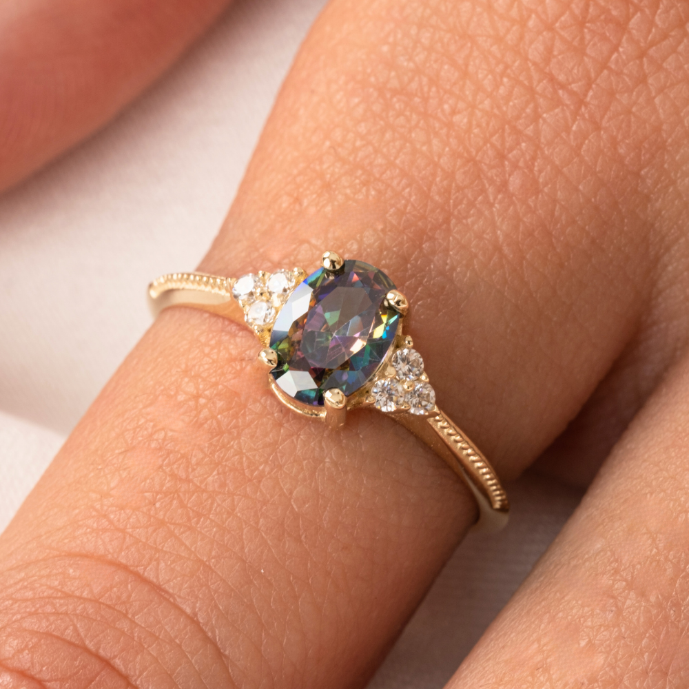 FasekGoldGÜMÜŞ1.20Ct Mistik topaz(Alecsandrt)Selena Evlilik Teklifi 925 Ayar Gümüş Yüzük-Alecsandrt Tria Tek Taş Yüzük