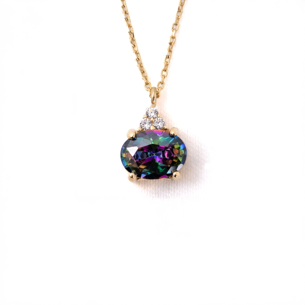 Fasek GoldGÜMÜŞ1.15 Karat Mistik Topaz Taşlı Zirkon Taşlarla Süslenmiş Sade Modern Tasarım 925  Ayar Gümüş Kolye