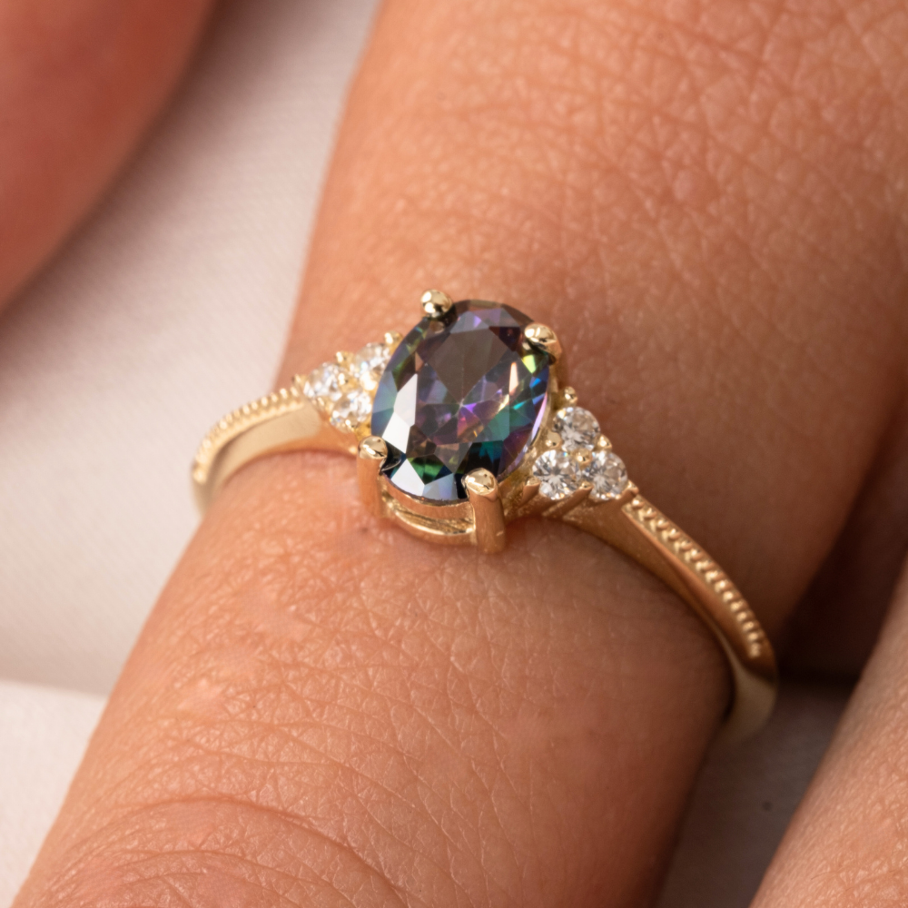 FasekGoldGÜMÜŞ1.20Ct Mistik topaz(Alecsandrt)Selena Evlilik Teklifi 925 Ayar Gümüş Yüzük-Alecsandrt Tria Tek Taş Yüzük