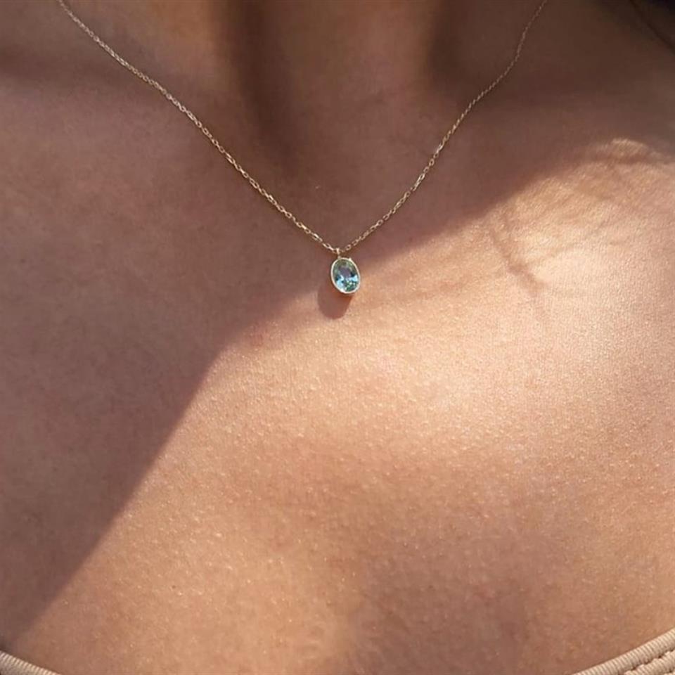 Huma GoldKOLYELER1.05 CT Green Topaz Sade 14 Ayar Altın Tasarım Modern Kolye-Green Topaz Kolye Tasarım Hediye Kolye