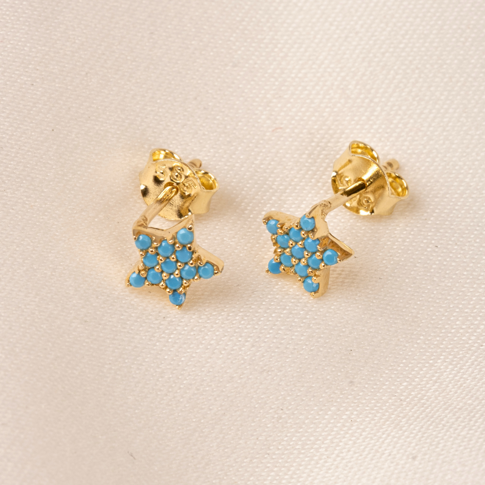 FasekGoldKÜPELER14 Ayar Altın Firuze (Turkuaz) Taşlı Minimal Yıldız Küpe