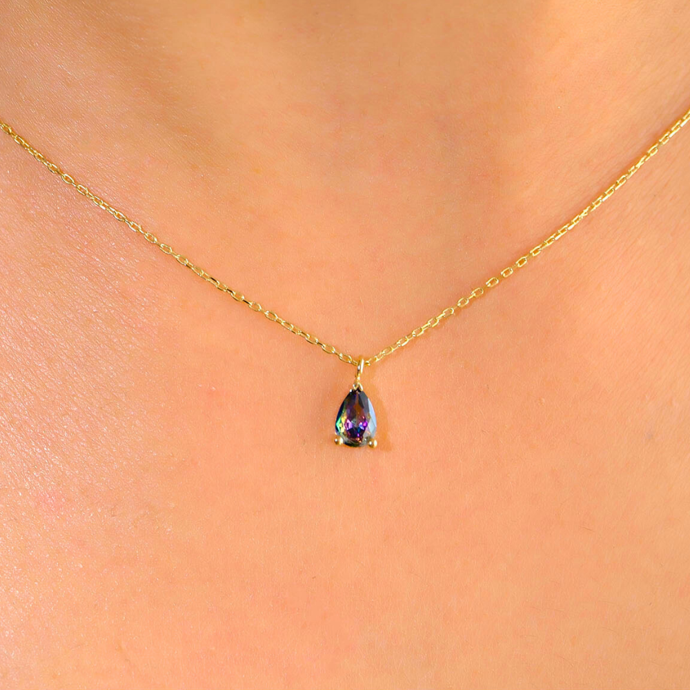 Huma GoldKOLYELER14 Ayar Altın Kolye -0.25Ct Mistik Topaz Aleksantrıt  Pırlanta Montürü  Nano Has Taşlı Altın Kolye-Hediye 14 Ayar Altın Kolye