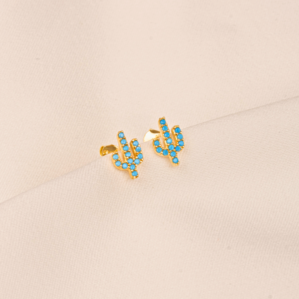 FasekGoldKÜPELER14 Ayar Altın Minimal Kaktüs Modelli Firuze (Turkuaz) Taşlı Küpe