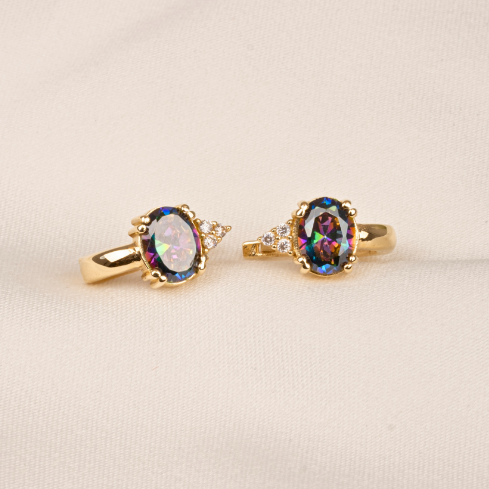 FasekGoldKÜPELER14 Ayar Altın Oval Mistik Topaz Taşlı Tektaş Küpe
