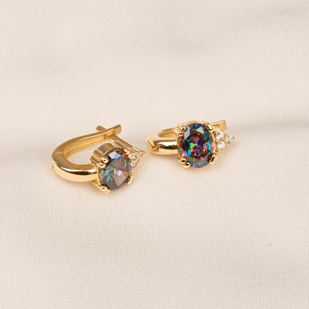 FasekGoldKÜPELER14 Ayar Altın Oval Mistik Topaz Taşlı Tektaş Küpe