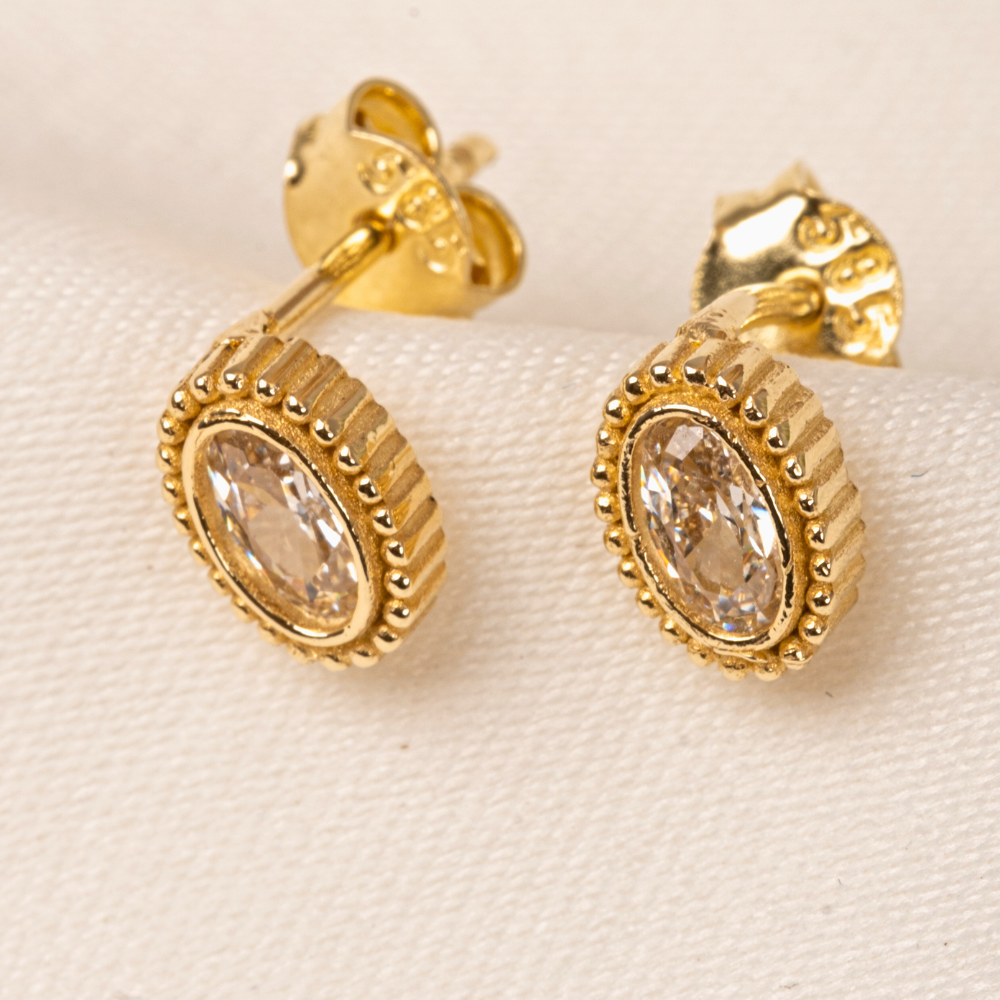 FasekGoldKÜPELER14 Ayar Altın Oval Taşlı Tasarım Küpe