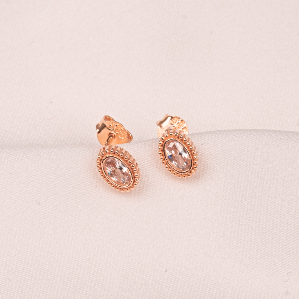FasekGoldKÜPELER14 Ayar Altın Oval Taşlı Tasarım Küpe