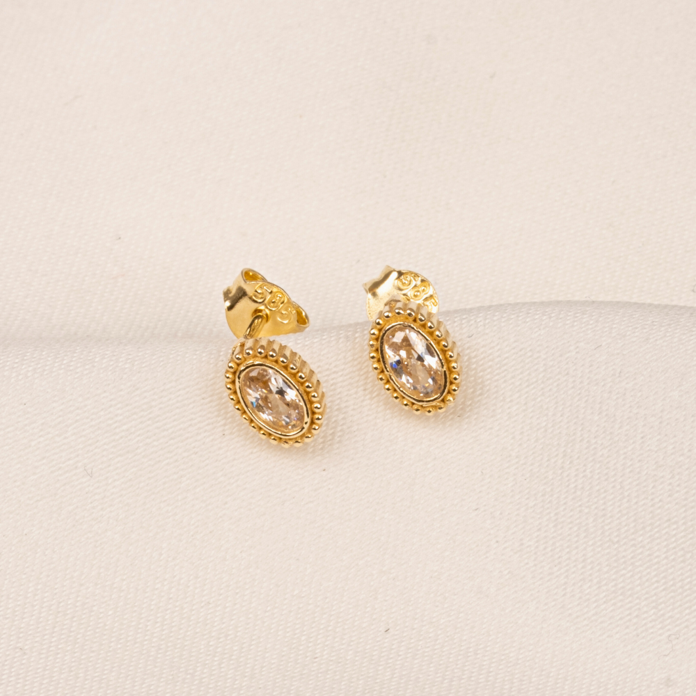 FasekGoldKÜPELER14 Ayar Altın Oval Taşlı Tasarım Küpe