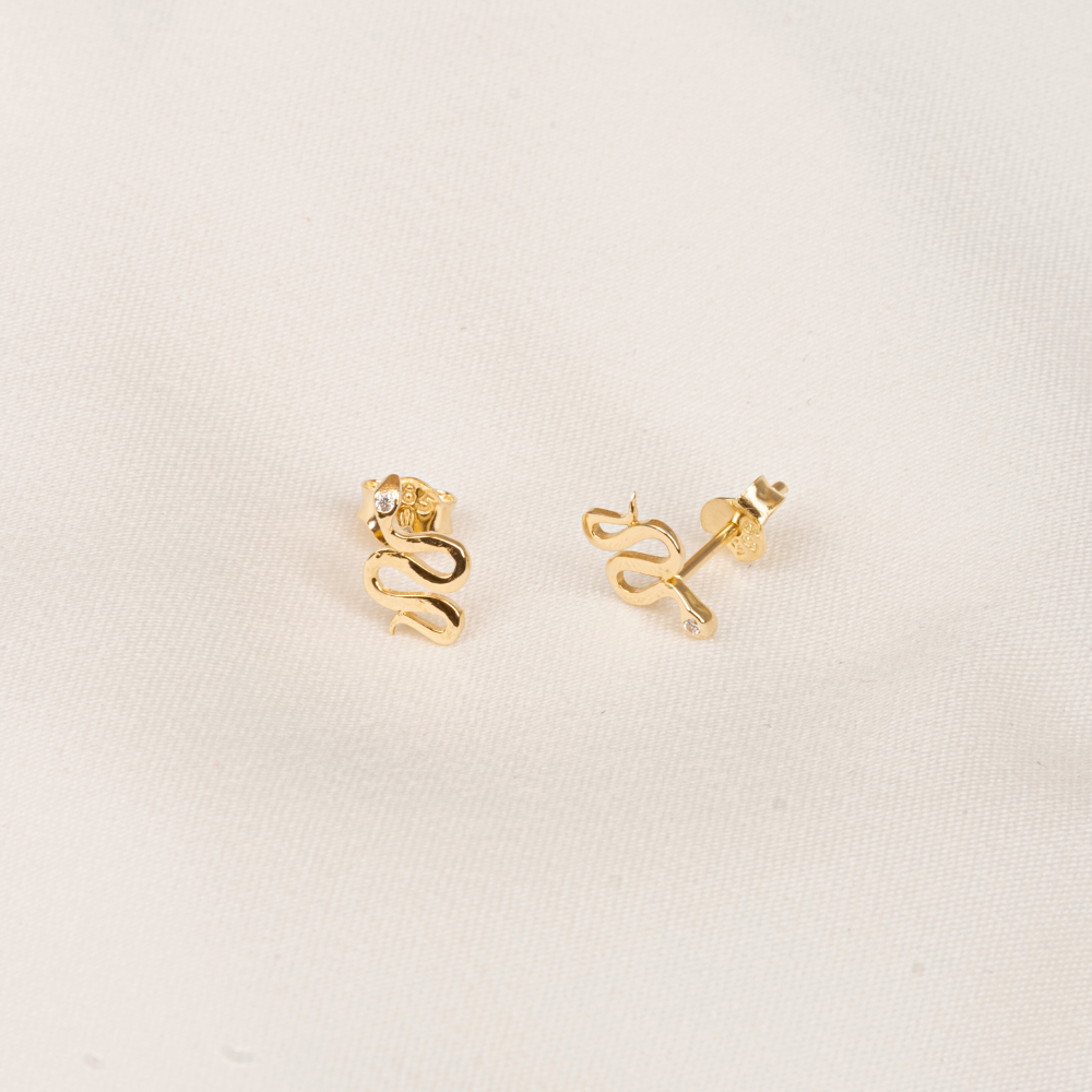 FasekGoldKÜPELER14 Ayar Altın Yılan Desenli Taşlı Minimal Küpe