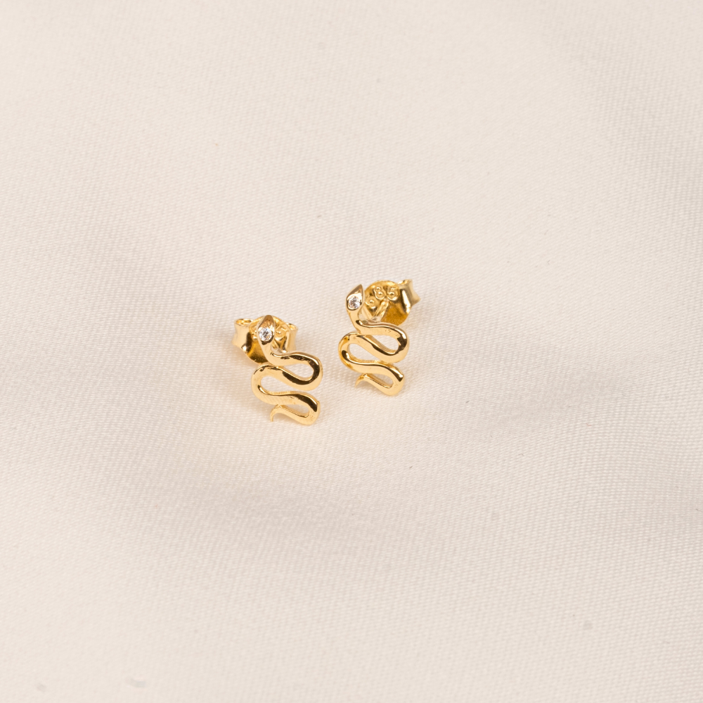 FasekGoldKÜPELER14 Ayar Altın Yılan Desenli Taşlı Minimal Küpe