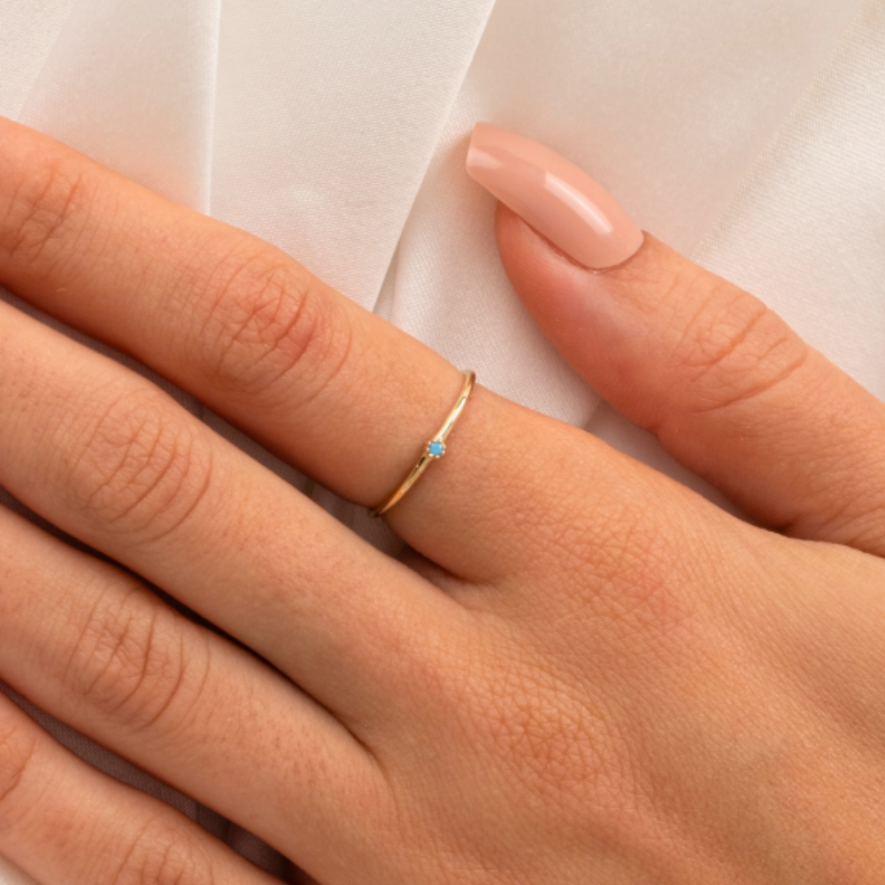 FasekGoldGÜMÜŞ925 Ayar Minimal Tek Taş Gümüş Yüzük-0.05 CT Firuze Tek Taş Gümüş Yüzük-Firuze Eklem Yüzüğü 
