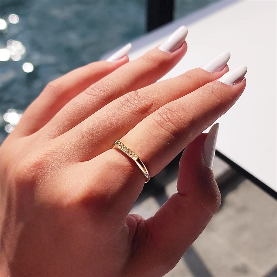 Huma GoldGÜMÜŞ925 Ayar Sarı Gümüş Yüzük-Çubuk Sıra Taşlı 0.20 Ct Pırlanta Taşlı Alyans Yüzük-Hediye Gümüş Yüzük