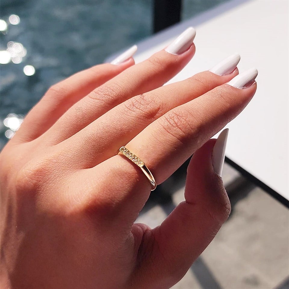 Huma GoldGÜMÜŞ925 Ayar Sarı Gümüş Yüzük-Çubuk Sıra Taşlı 0.20 Ct Pırlanta Taşlı Alyans Yüzük-Hediye Gümüş Yüzük