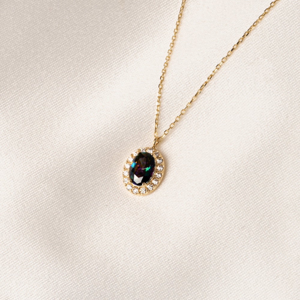 FasekGoldKOLYELERAltın Kolye - Oval Mistik Topaz Taşlı Vintage Tasarım 14 Ayar Altın Kolye