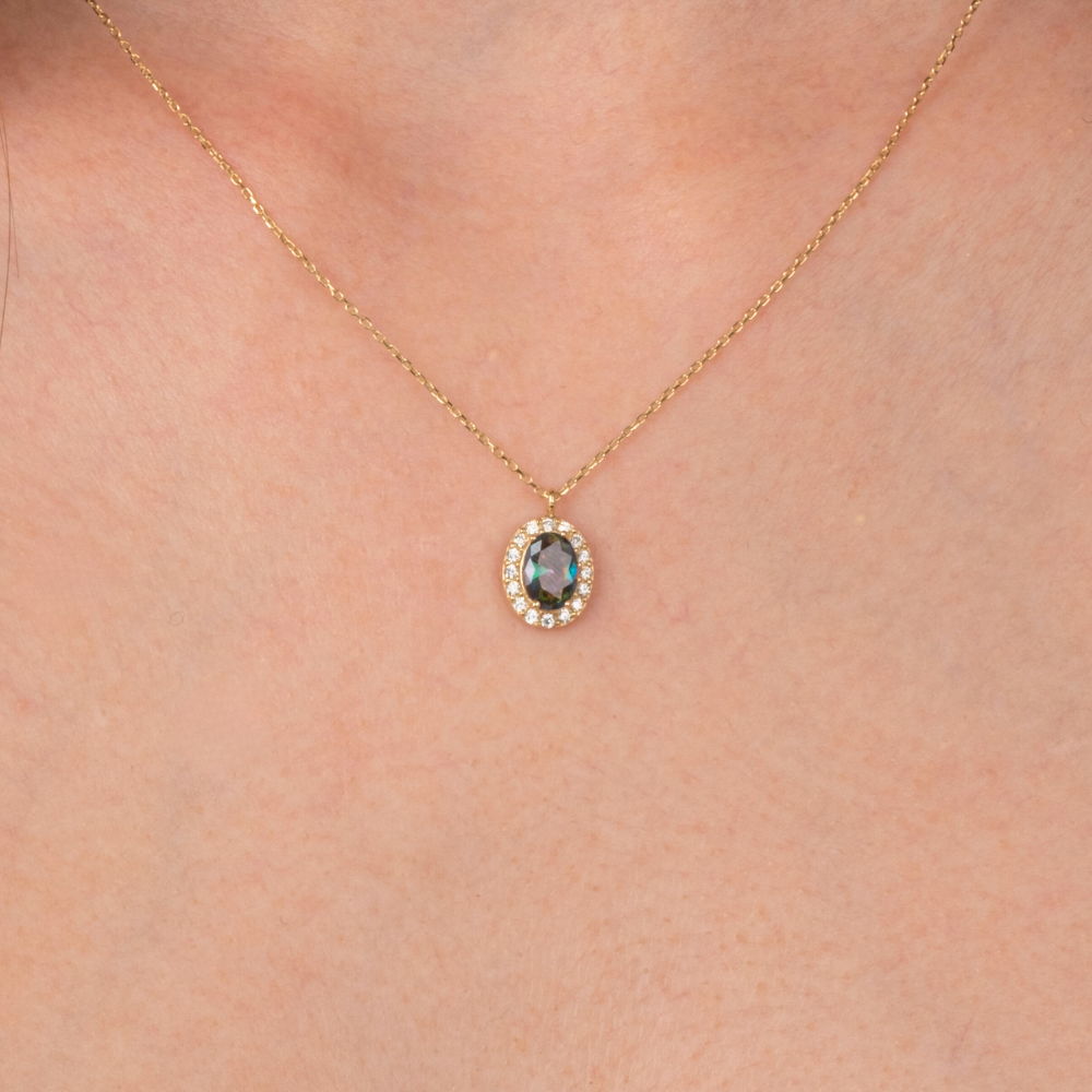 FasekGoldKOLYELERAltın Kolye - Oval Mistik Topaz Taşlı Vintage Tasarım 14 Ayar Altın Kolye