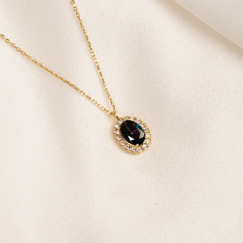FasekGoldKOLYELERAltın Kolye - Oval Mistik Topaz Taşlı Vintage Tasarım 14 Ayar Altın Kolye