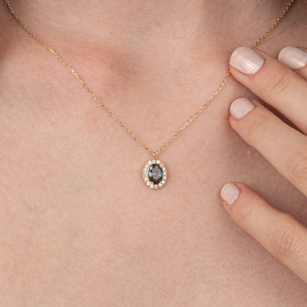 FasekGoldKOLYELERAltın Kolye - Oval Mistik Topaz Taşlı Vintage Tasarım 14 Ayar Altın Kolye