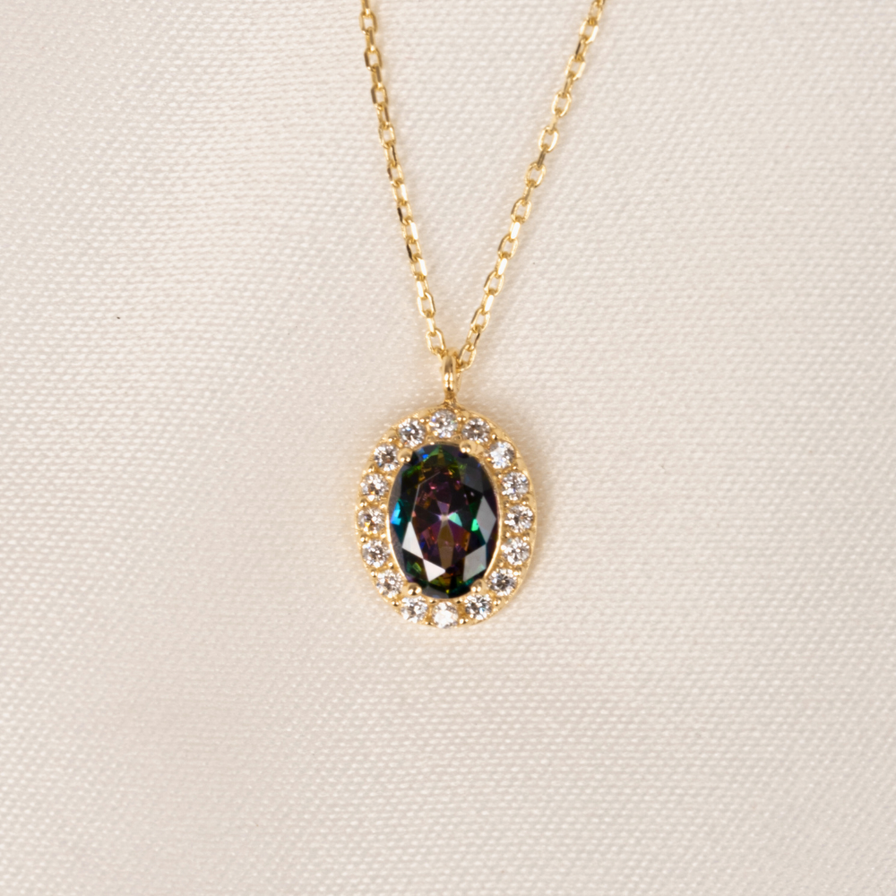 FasekGoldKOLYELERAltın Kolye - Oval Mistik Topaz Taşlı Vintage Tasarım 14 Ayar Altın Kolye