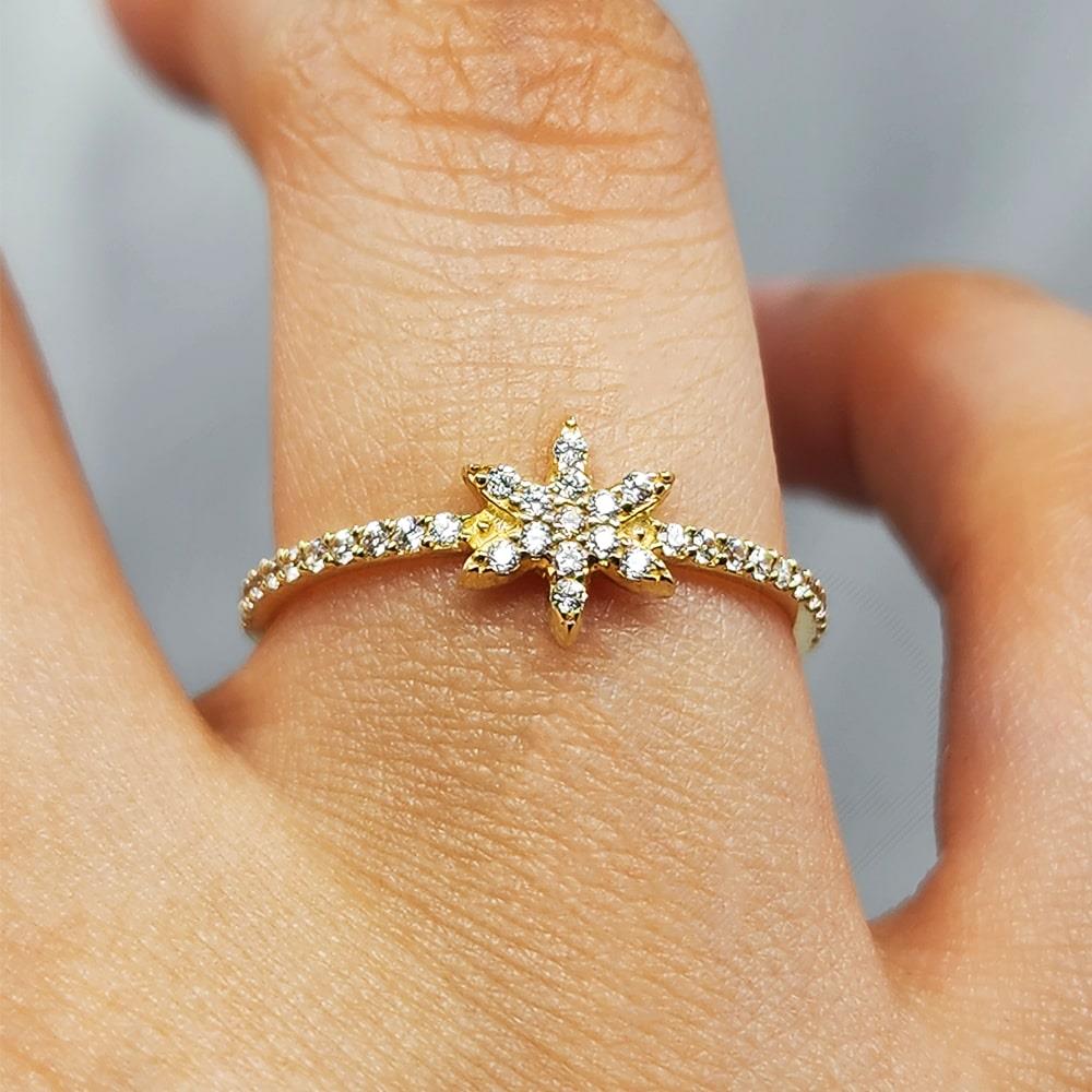 FasekGoldYÜZÜKLERAltın Yüzük - 14 Ayar Altın Minimal Yıldız Swarovski Taşlı Fantezi Yüzük - Yıldız Altın Yüzük