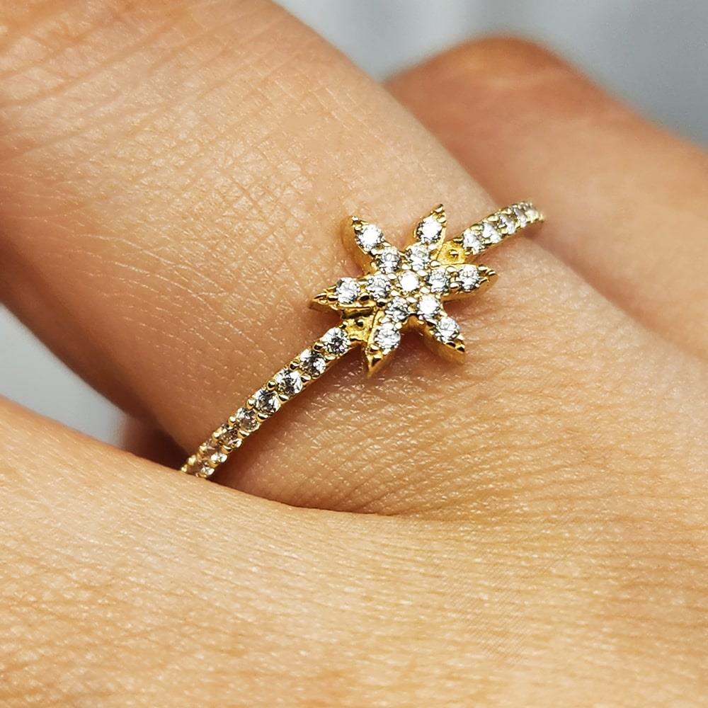 FasekGoldYÜZÜKLERAltın Yüzük - 14 Ayar Altın Minimal Yıldız Swarovski Taşlı Fantezi Yüzük - Yıldız Altın Yüzük