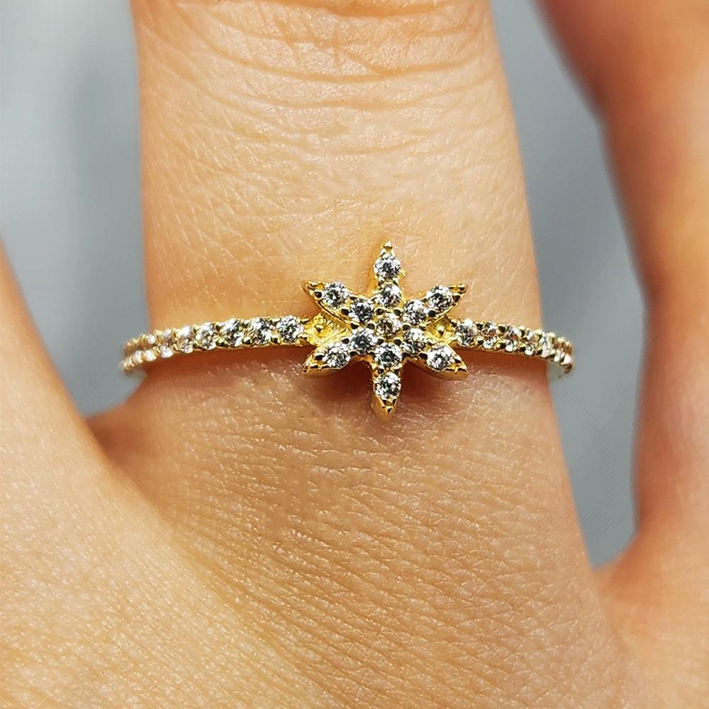 FasekGoldYÜZÜKLERAltın Yüzük - 14 Ayar Altın Minimal Yıldız Swarovski Taşlı Fantezi Yüzük - Yıldız Altın Yüzük