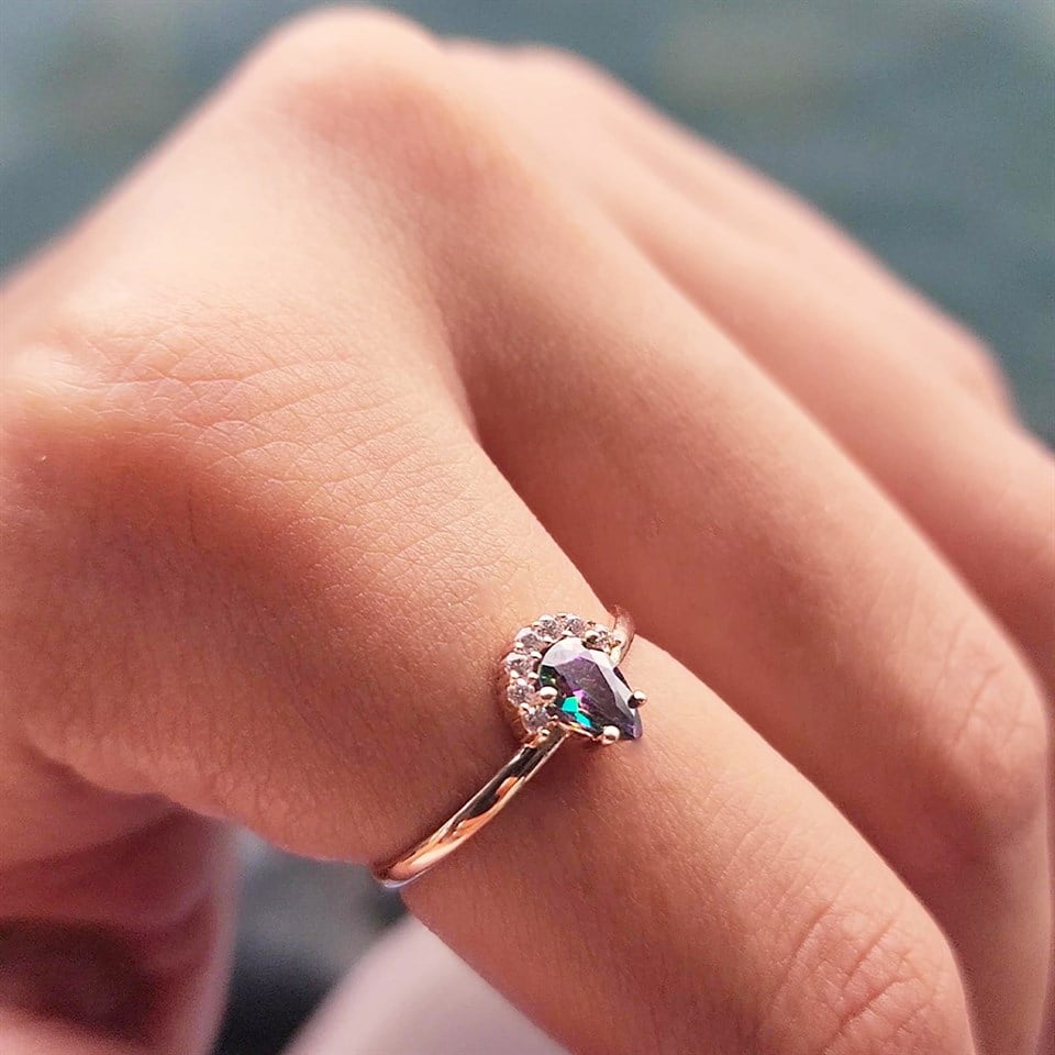 Huma GoldGÜMÜŞAnna 0.48 CT Mistik Topaz Kraliyet Tacı Pırlanta Montörü 925 Ayar Kadın Yüzük-Gümüş Kraliyet Yüzük