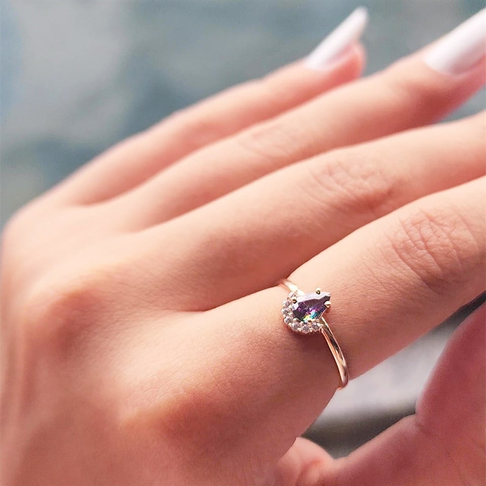 Huma GoldGÜMÜŞAnna 0.48 CT Mistik Topaz Kraliyet Tacı Pırlanta Montörü 925 Ayar Kadın Yüzük-Gümüş Kraliyet Yüzük