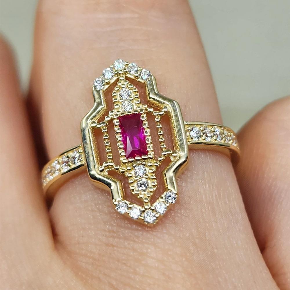 FasekGoldYÜZÜKLERBaget Altın Yüzük - 14 Ayar Altın Baget Ruby Taşlı Kadın Yüzük - Anneler Gününe Özel Altın Yüzük