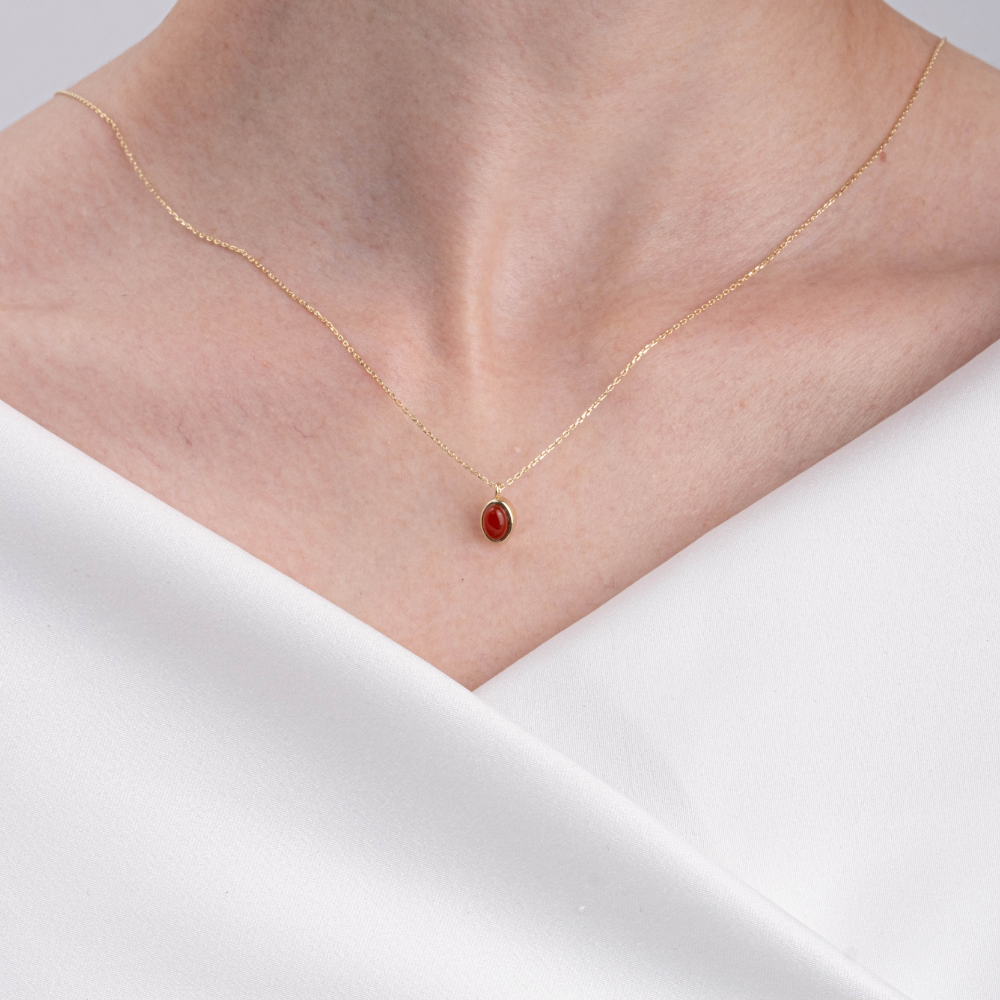 Fasek GoldKOLYELERBombeli Ruby Taşlı Sade Minimal Tasarım 14 Ayar Altın Kolye