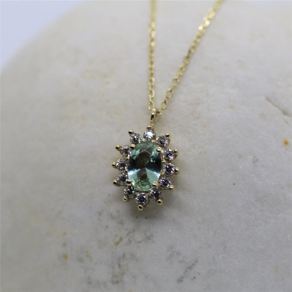 Huma GoldKOLYELERGreen Topaz 0,90 CT (Nano Yeşim Taşı) 0,24 CT Pırlanta (Sıgnty) Anturaj 14 Ayar Altın Kolye-Hediye Altın Kolye