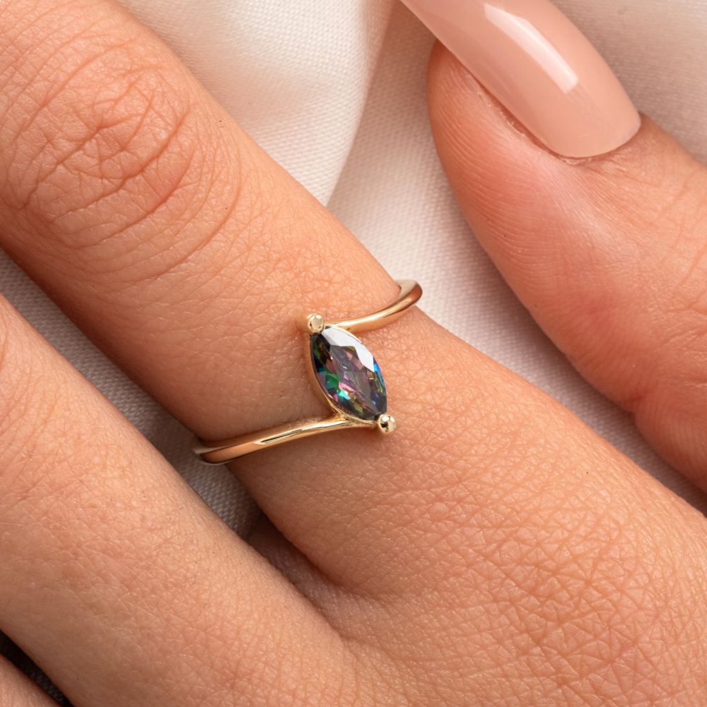 FasekGoldGÜMÜŞGümüş Yüzük - 0.60 Karat Mekik Mistik Topaz Taşlı Es 925 Ayar Gümüş Evlilik Teklifi Yüzüğü