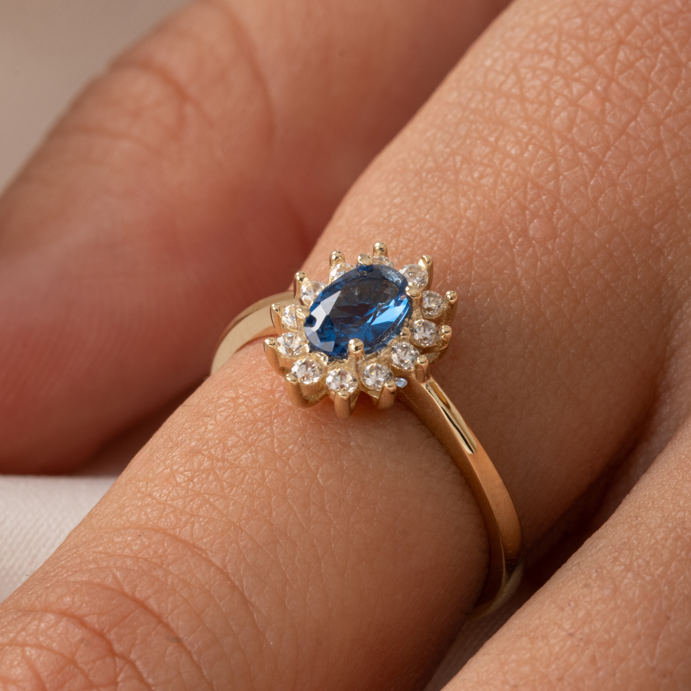 FasekGoldGÜMÜŞGümüş Yüzük - 1.05 Karat Safir Topaz 0.30 Karat Pırlanta (Signty) Taşlı Vintage 925 Ayar Gümüş Yüzük