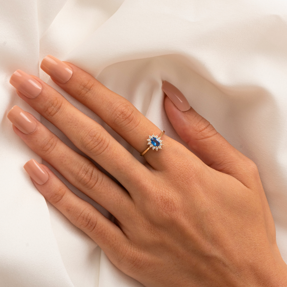 FasekGoldGÜMÜŞGümüş Yüzük - 1.05 Karat Safir Topaz 0.30 Karat Pırlanta (Signty) Taşlı Vintage 925 Ayar Gümüş Yüzük