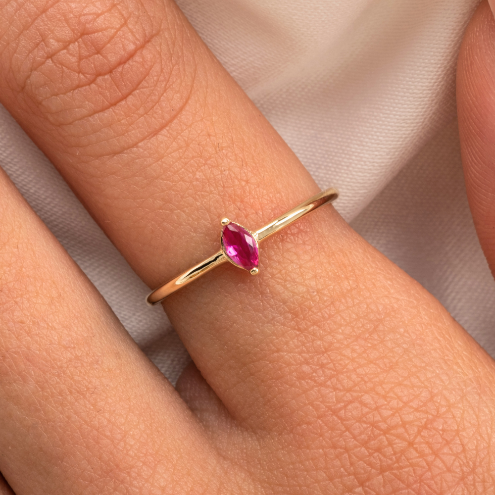 FasekGoldGÜMÜŞGümüş Yüzük - Markiz Ruby Taşlı Minimal Tasarım Tektaş Kadın 925 Ayar Gümüş Yüzük