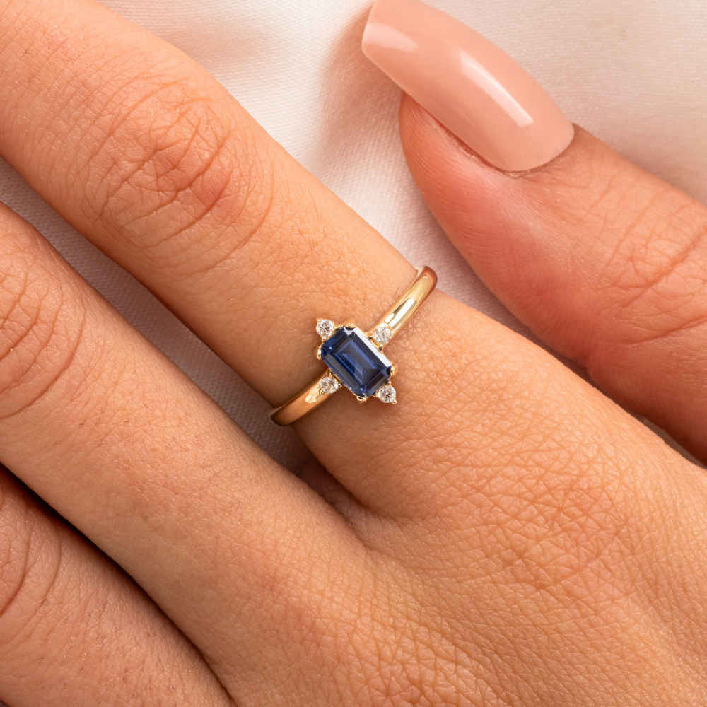 FasekGoldGÜMÜŞGümüş Yüzük - Octagon Kesim Safir Taşlı 0.95 Karat Pırlanta Montorü Şık 925 Ayar Gümüş Yüzük