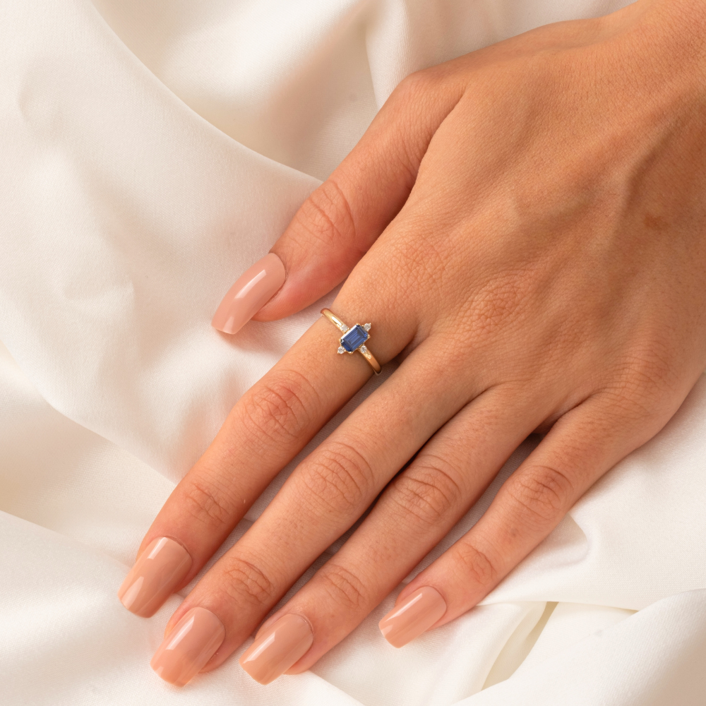 FasekGoldGÜMÜŞGümüş Yüzük - Octagon Kesim Safir Taşlı 0.95 Karat Pırlanta Montorü Şık 925 Ayar Gümüş Yüzük