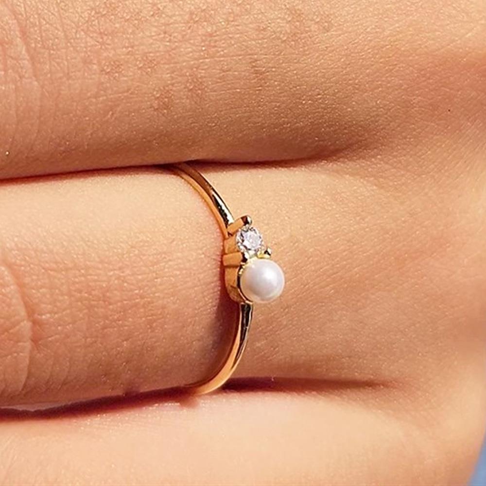 FasekGoldYÜZÜKLERİncili Altın Yüzük - 14 Ayar Altın Beyaz İnci Swarovski Taşlı Minimal Yüzük - Minimal Altın Yüzük