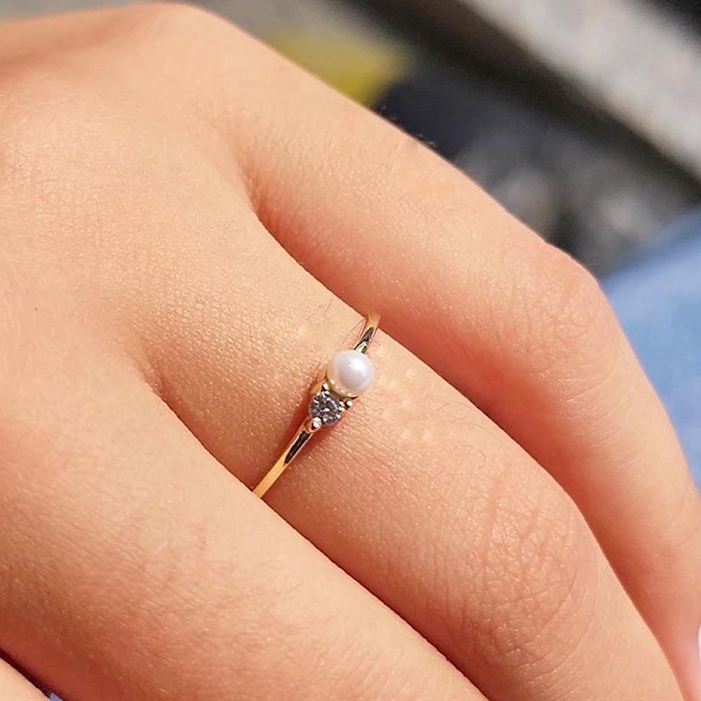 FasekGoldYÜZÜKLERİncili Altın Yüzük - 14 Ayar Altın Beyaz İnci Swarovski Taşlı Minimal Yüzük - Minimal Altın Yüzük