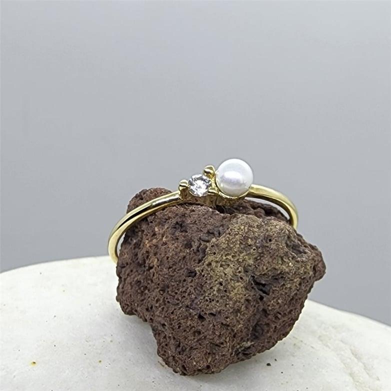 FasekGoldYÜZÜKLERİncili Altın Yüzük - 14 Ayar Altın Beyaz İnci Swarovski Taşlı Minimal Yüzük - Minimal Altın Yüzük