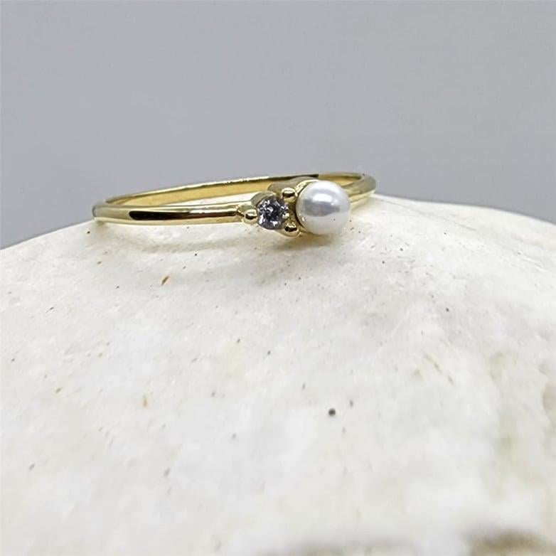 FasekGoldYÜZÜKLERİncili Altın Yüzük - 14 Ayar Altın Beyaz İnci Swarovski Taşlı Minimal Yüzük - Minimal Altın Yüzük