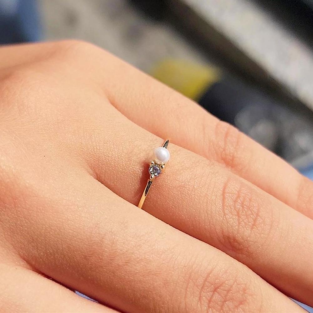 FasekGoldYÜZÜKLERİncili Altın Yüzük - 14 Ayar Altın Beyaz İnci Swarovski Taşlı Minimal Yüzük - Minimal Altın Yüzük