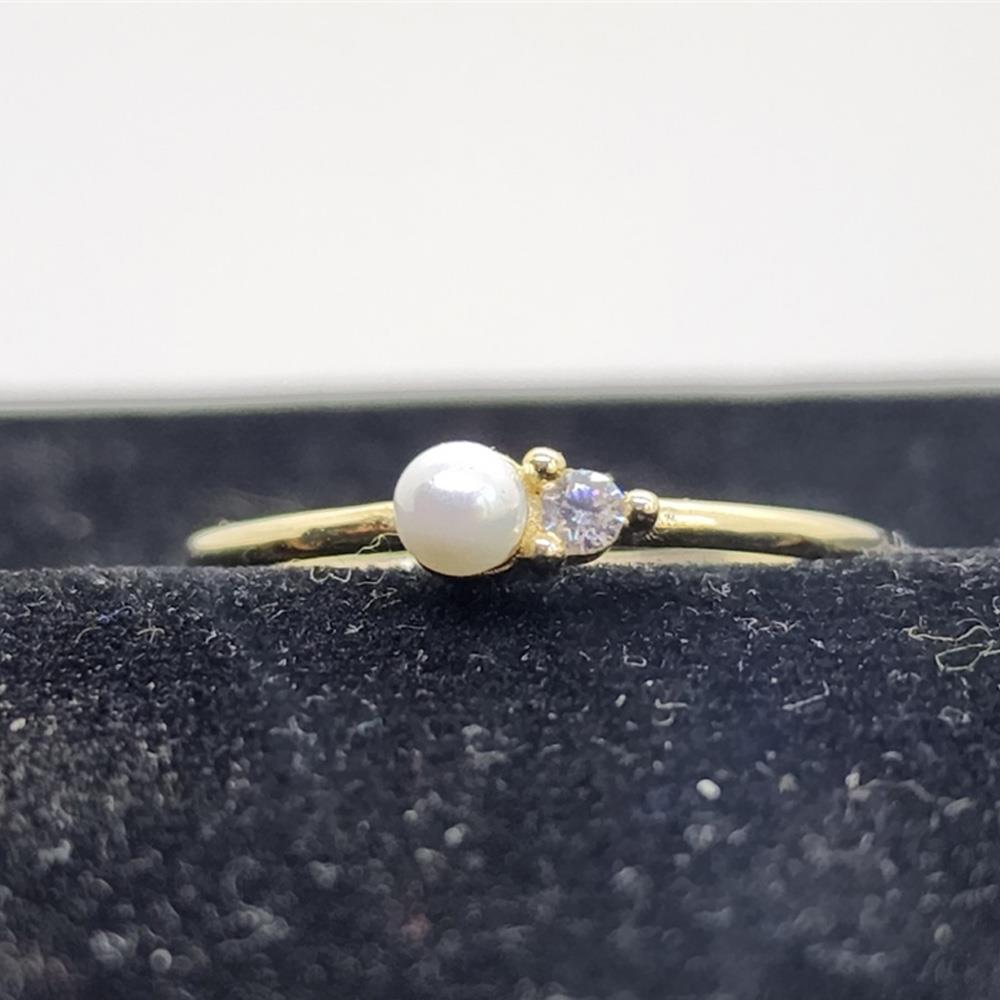 FasekGoldYÜZÜKLERİncili Altın Yüzük - 14 Ayar Altın Beyaz İnci Swarovski Taşlı Minimal Yüzük - Minimal Altın Yüzük