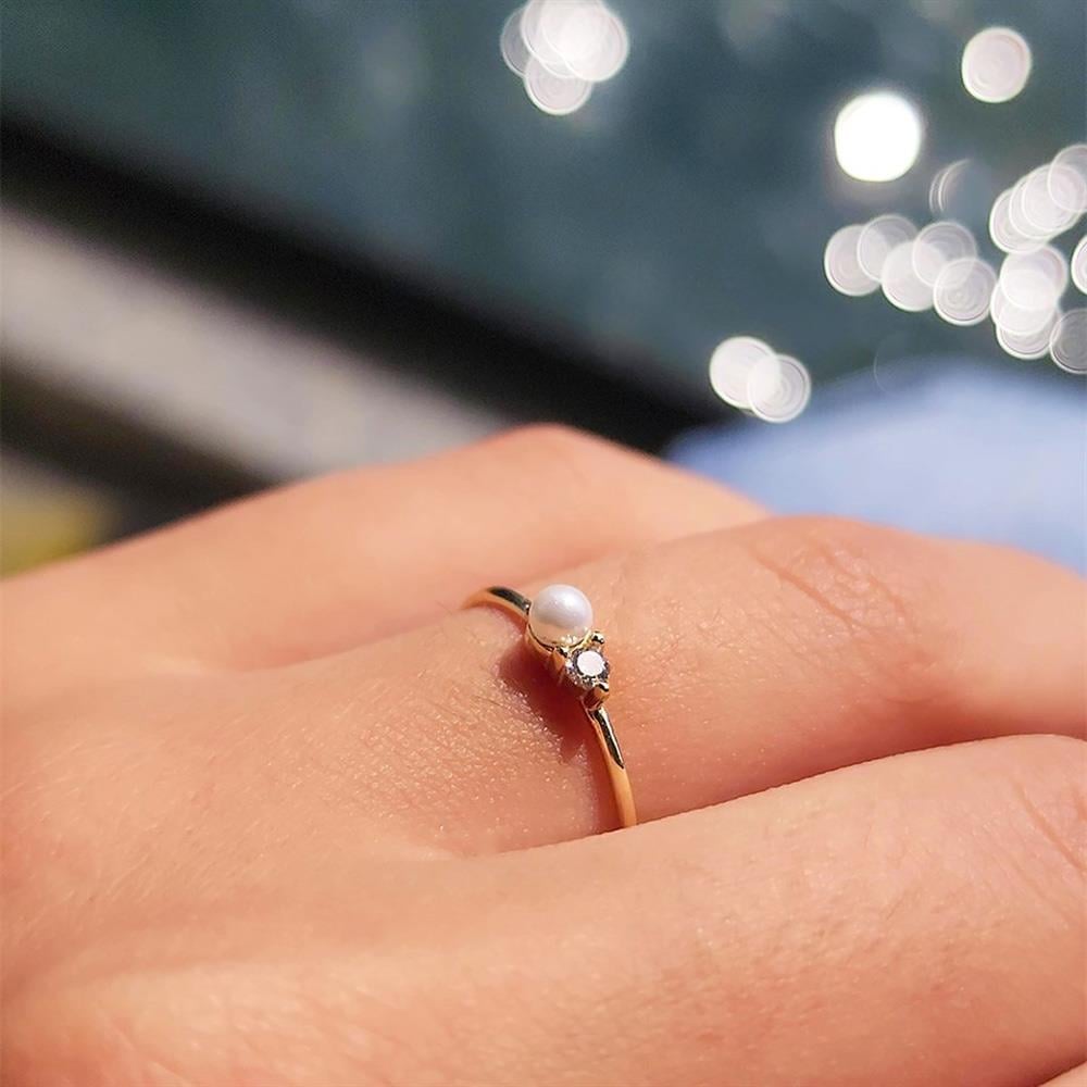 FasekGoldYÜZÜKLERİncili Altın Yüzük - 14 Ayar Altın Beyaz İnci Swarovski Taşlı Minimal Yüzük - Minimal Altın Yüzük