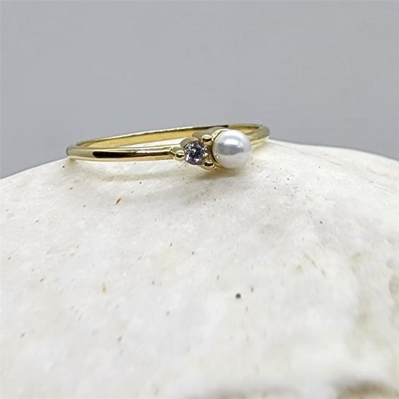 FasekGoldYÜZÜKLERİncili Altın Yüzük - 14 Ayar Altın Beyaz İnci Swarovski Taşlı Minimal Yüzük - Minimal Altın Yüzük