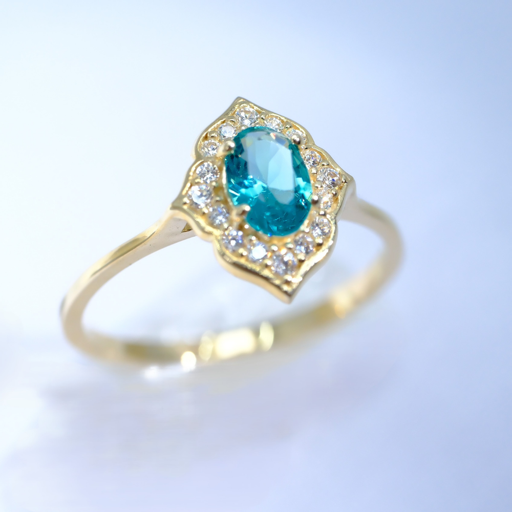 FasekGoldGÜMÜŞMavi Topaz Oval Kesim Yan Zirkon Taşlı Modern Tasarım 925 Ayar Gümüş Yüzük Tektaş Günlük-Hediyelik