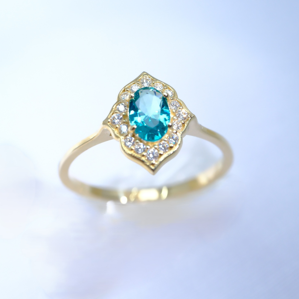 FasekGoldGÜMÜŞMavi Topaz Oval Kesim Yan Zirkon Taşlı Modern Tasarım 925 Ayar Gümüş Yüzük Tektaş Günlük-Hediyelik